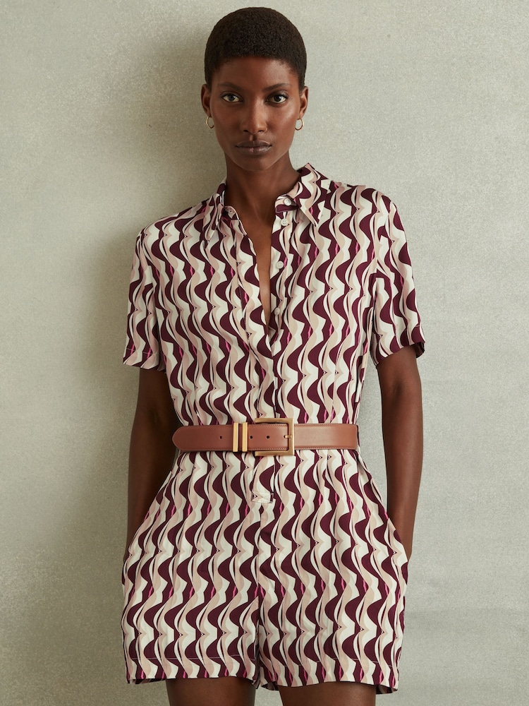 Reiss Burgundy Greta Wave Print Belted Playsuit - Image 1 of 4