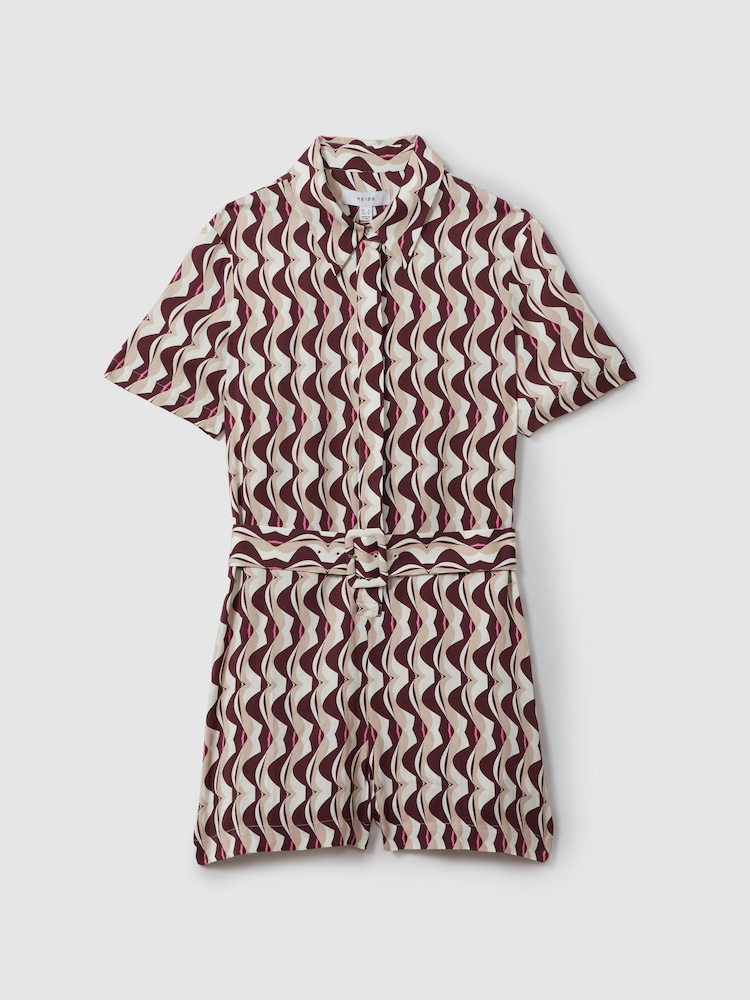 Reiss Burgundy Greta Wave Print Belted Playsuit - Image 2 of 4