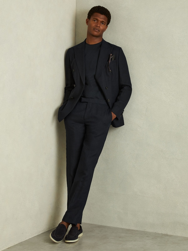 Reiss Navy Rialto Mercerised Jacquard Crew Neck T-Shirt - Image 1 of 6