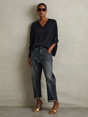 Reiss Navy Tash Relaxed High-Low V-Neck Top - Image 1 of 5