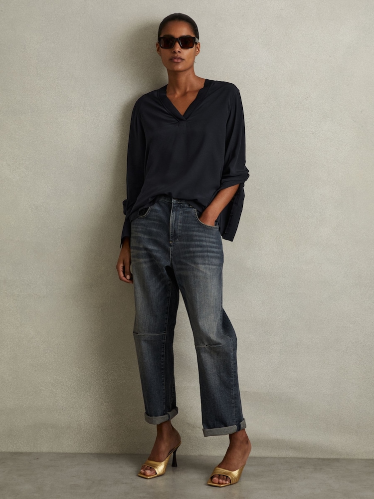 Reiss Navy Tash Relaxed High-Low V-Neck Top - Image 1 of 5
