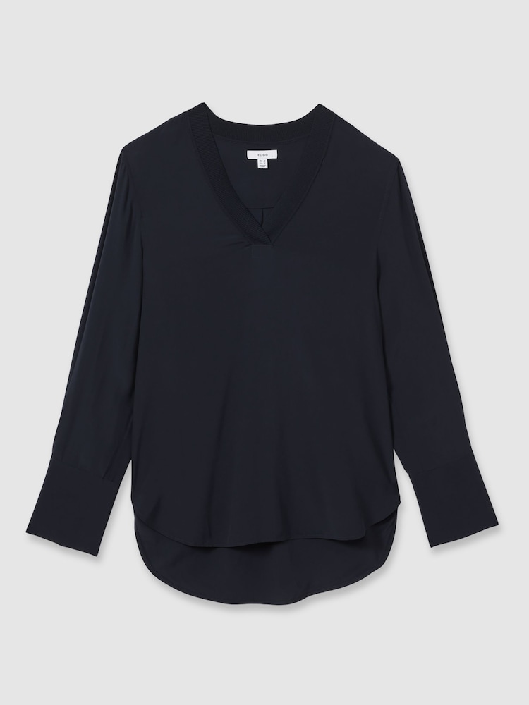 Reiss Navy Tash Relaxed High-Low V-Neck Top - Image 2 of 5
