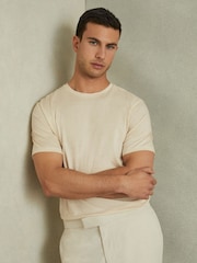 Reiss Ecru Rialto Mercerised Jacquard Crew Neck T-Shirt - Image 1 of 5