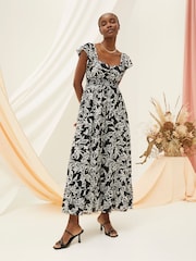 FatFace Dahlia Black Botanical Midi Dress - Image 1 of 5