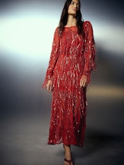 أحمر - Sequin Tassel Long Sleeve Maxi Dress - Image 1 of 8