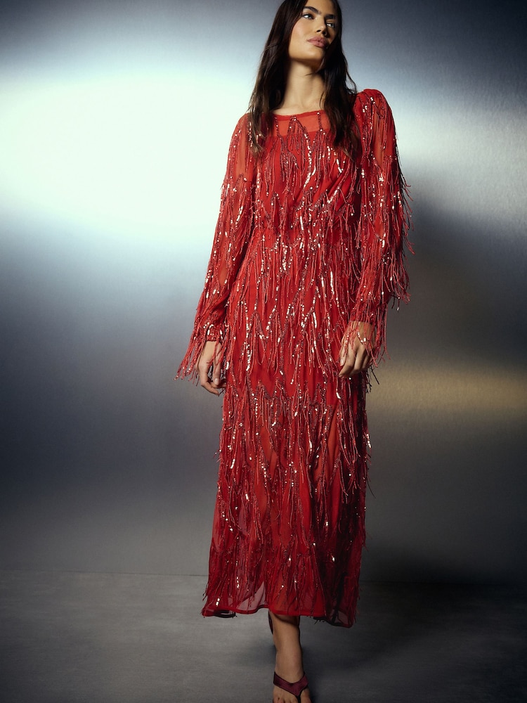 أحمر - Sequin Tassel Long Sleeve Maxi Dress - Image 1 of 8 أحمر - Sequin Tassel Long Sleeve Maxi Dress - Image 1 of 8