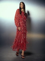 أحمر - Sequin Tassel Long Sleeve Maxi Dress - Image 2 of 8
