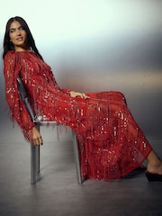 أحمر - Sequin Tassel Long Sleeve Maxi Dress - Image 3 of 8