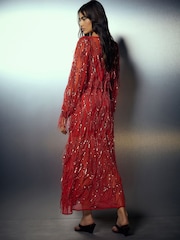 أحمر - Sequin Tassel Long Sleeve Maxi Dress - Image 4 of 8