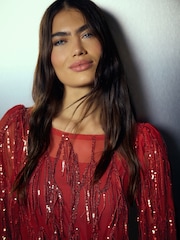 أحمر - Sequin Tassel Long Sleeve Maxi Dress - Image 5 of 8