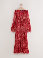 أحمر - Sequin Tassel Long Sleeve Maxi Dress - Image 6 of 8