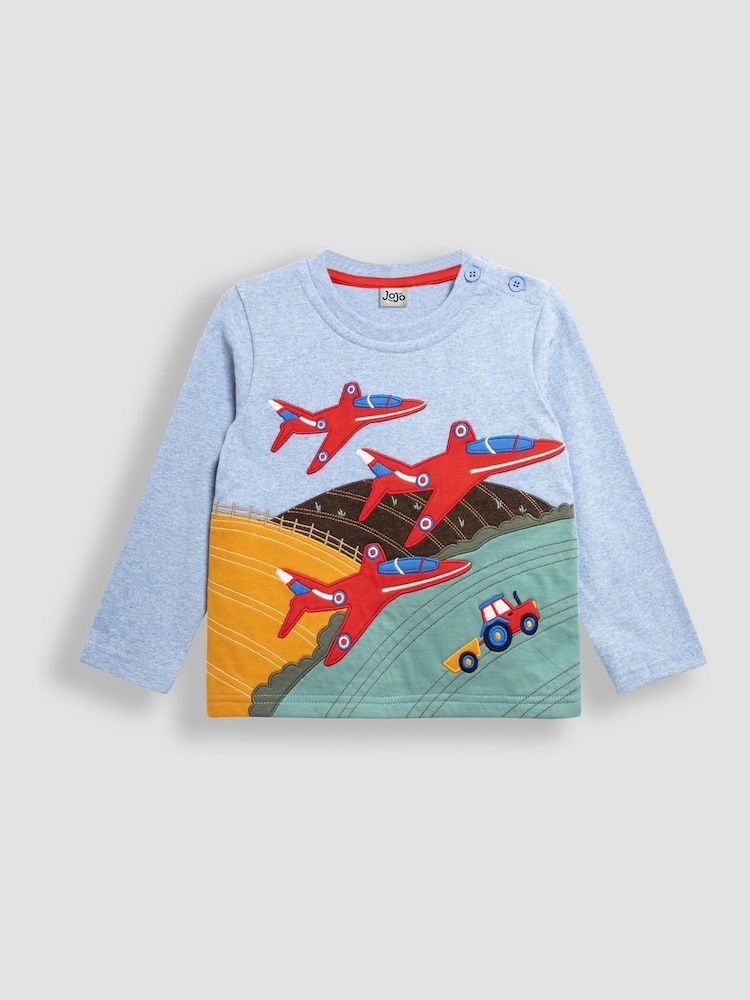 أزرق - JoJo Maman Bébé Long Sleeve Button Shoulder Appliqué Top - صورة 1 من 3