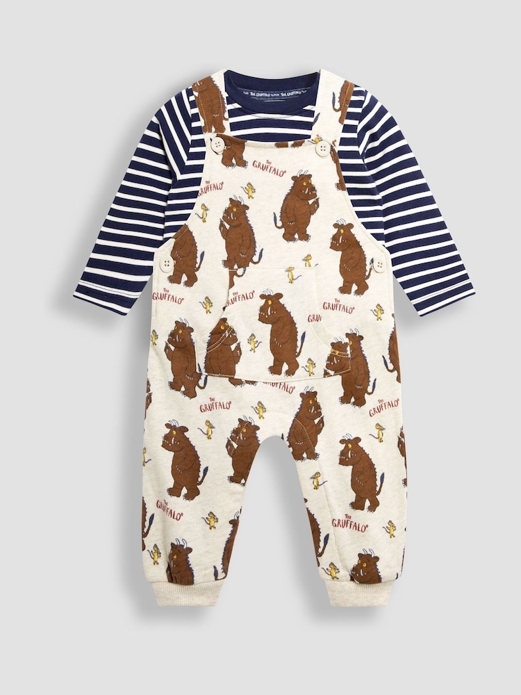 JoJo Maman Bébé Neutral The Gruffalo Printed Dungarees and Stripe Top Set - Image 1 of 5