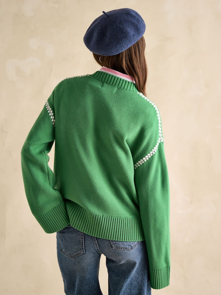 Joules Alexandra Green Blanket Stitch Jumper - Image 2 of 6