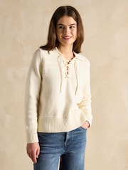 Joules Annie Cream Lace Up Collared Cotton Jumper - Image 1 of 6