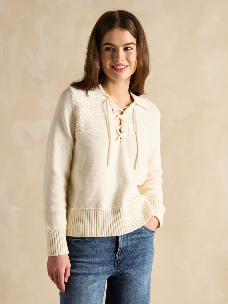 Joules Annie Cream Lace Up Collared Cotton Jumper - Image 1 of 6