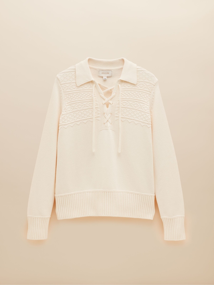 Joules Annie Cream Lace Up Collared Cotton Jumper - Image 6 of 6