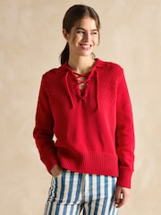 Joules Annie Red Lace Up Collared Cotton Jumper - Image 1 of 7