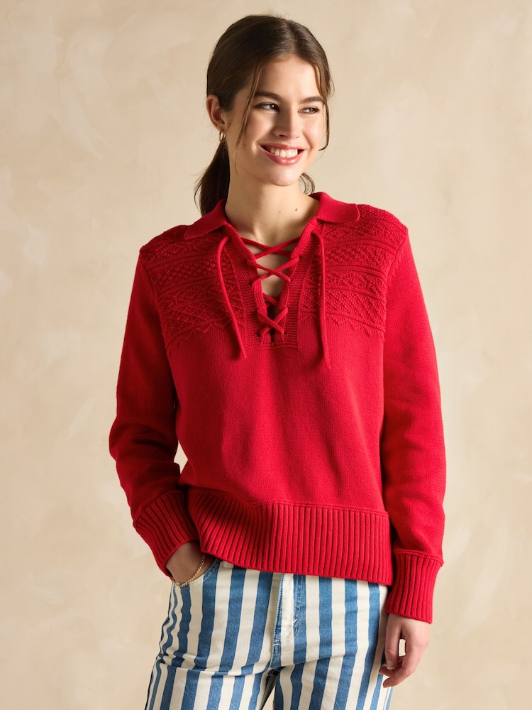 Joules Annie Red Lace Up Collared Cotton Jumper - Image 1 of 7