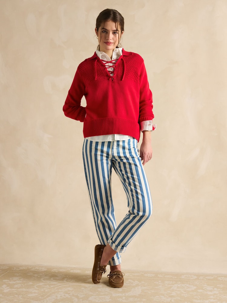 Joules Annie Red Lace Up Collared Cotton Jumper - Image 3 of 7