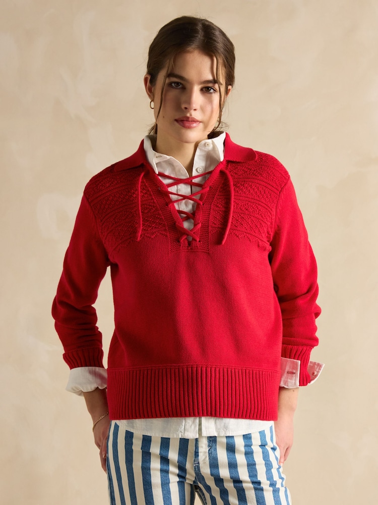 Joules Annie Red Lace Up Collared Cotton Jumper - Image 4 of 7