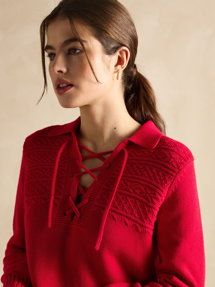 Joules Annie Red Lace Up Collared Cotton Jumper - Image 5 of 7