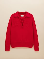 Joules Annie Red Lace Up Collared Cotton Jumper - Image 7 of 7