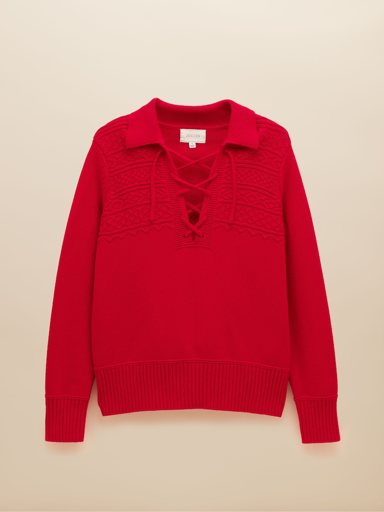 Joules Annie Red Lace Up Collared Cotton Jumper - Image 7 of 7