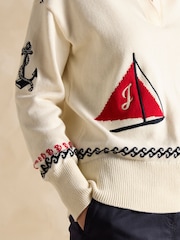 Joules Sail Away Cream Cotton Embroidered Knitted Jumper - Image 4 of 8