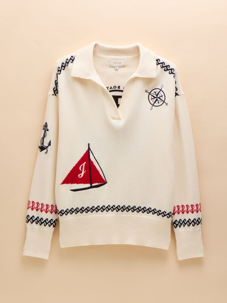 Joules Sail Away Cream Cotton Embroidered Knitted Jumper - Image 8 of 8
