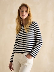 Joules Catherine Navy/White Cotton Striped Cardigan - Image 1 of 6
