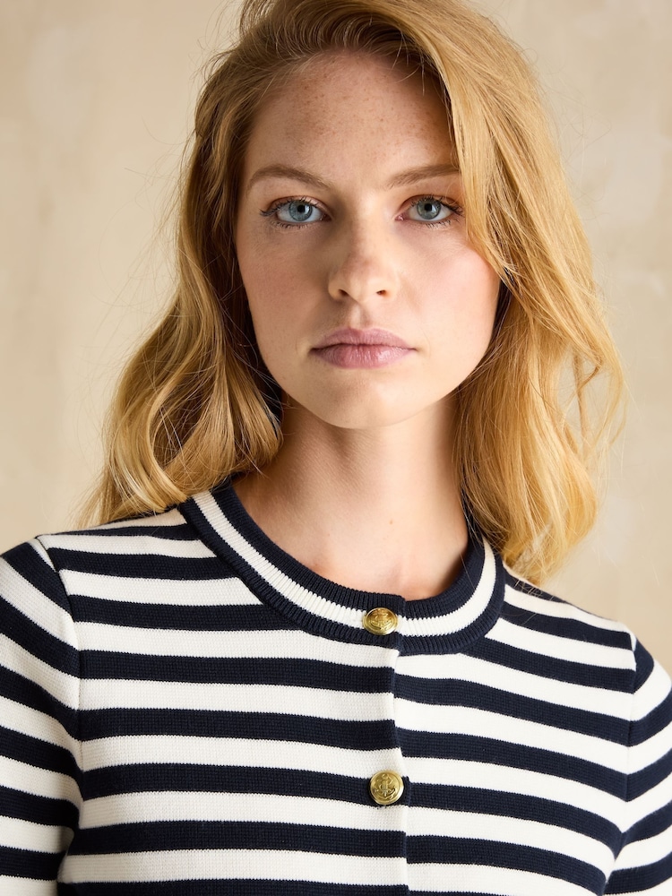 Joules Catherine Navy/White Cotton Striped Cardigan - Image 3 of 6