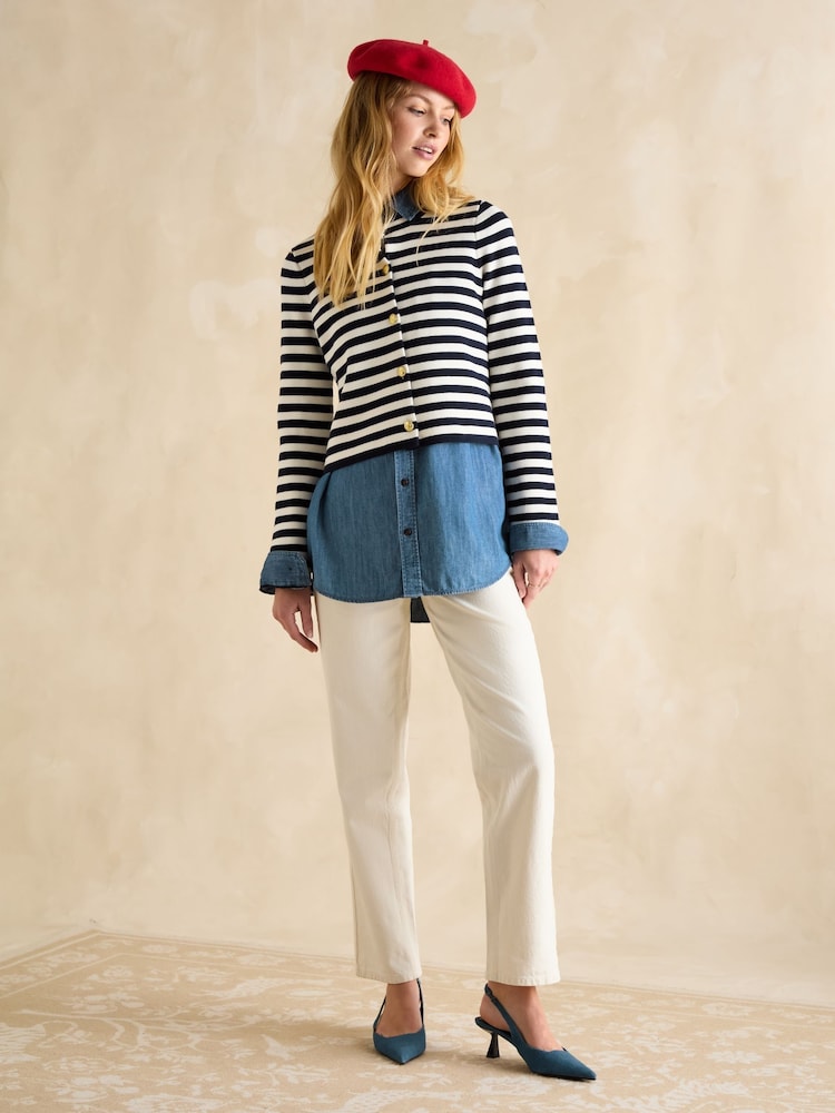 Joules Catherine Navy/White Cotton Striped Cardigan - Image 5 of 6