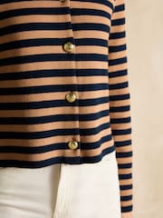 Joules Catherine Navy Blue & Brown Cotton Striped Cardigan - Image 4 of 7