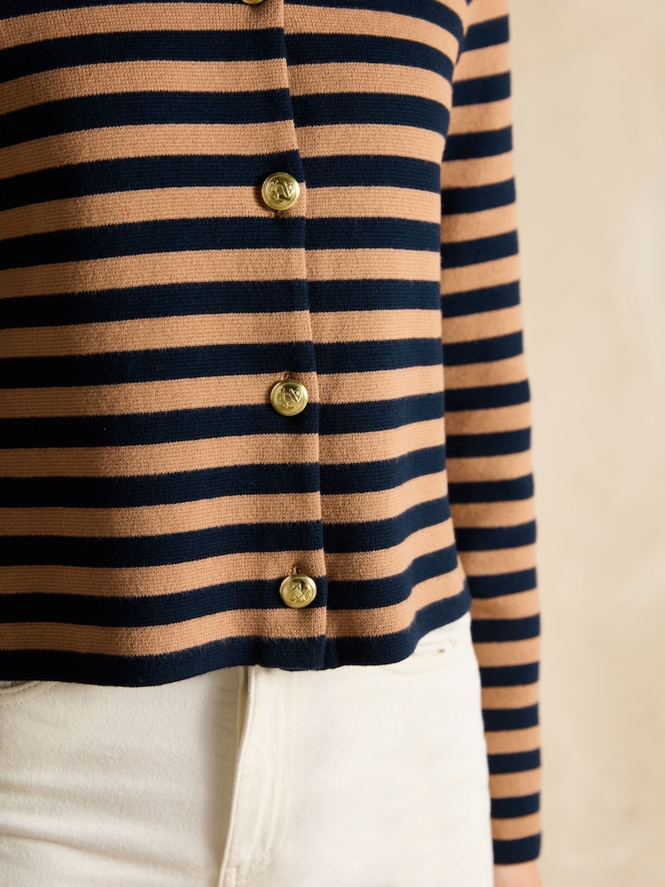Joules Catherine Navy Blue & Brown Cotton Striped Cardigan - Image 4 of 7