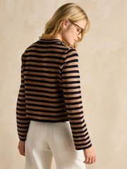 Joules Catherine Navy Blue & Brown Cotton Striped Cardigan - Image 5 of 7