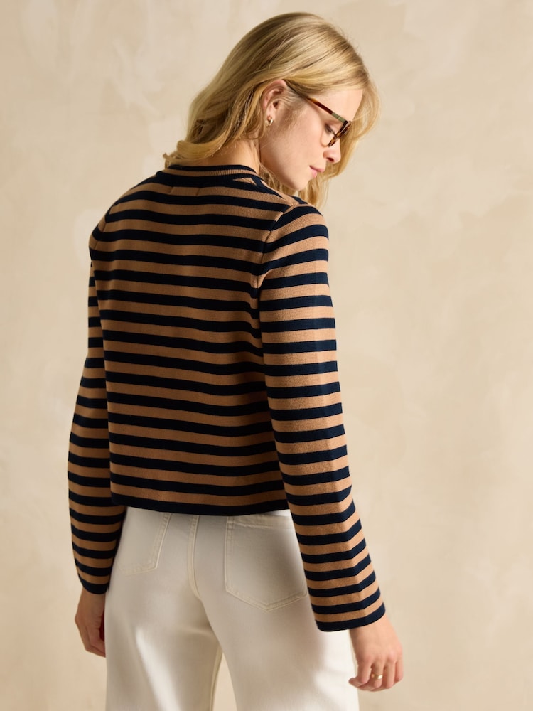 Joules Catherine Navy Blue & Brown Cotton Striped Cardigan - Image 5 of 7
