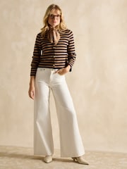 Joules Catherine Navy Blue & Brown Cotton Striped Cardigan - Image 6 of 7