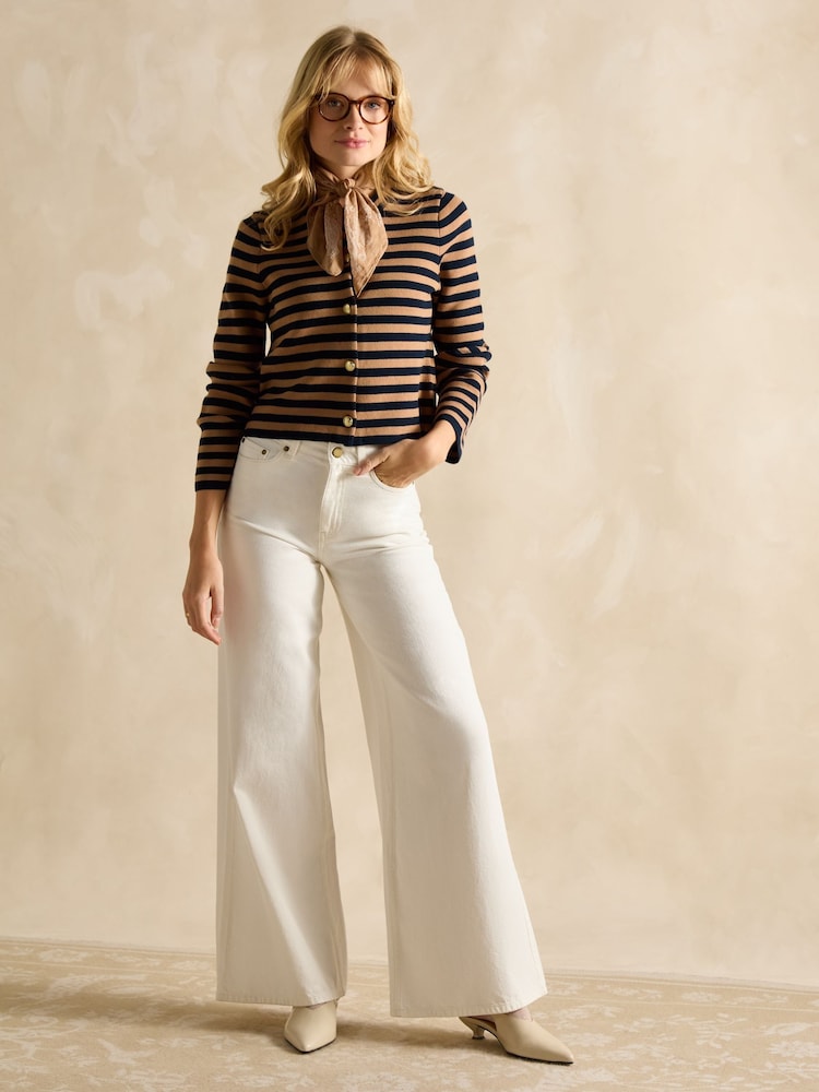 Joules Catherine Navy Blue & Brown Cotton Striped Cardigan - Image 6 of 7
