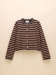 Joules Catherine Navy Blue & Brown Cotton Striped Cardigan - Image 7 of 7