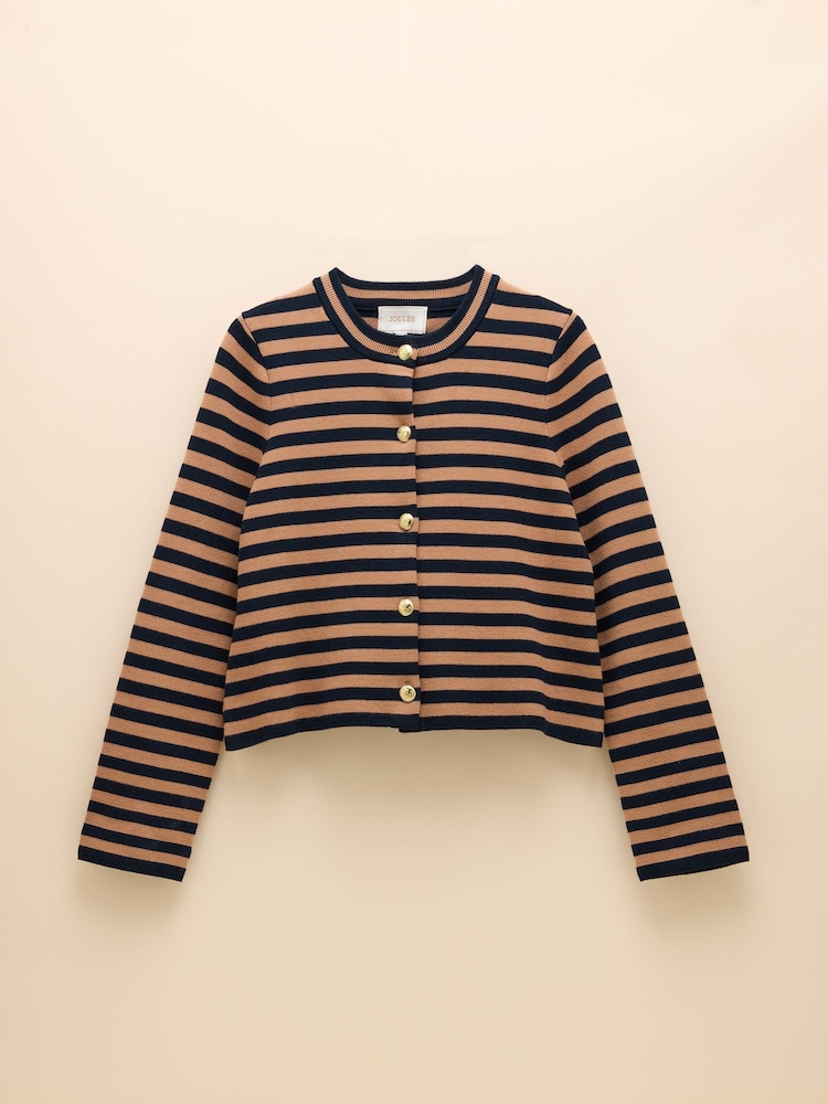 Joules Catherine Navy Blue & Brown Cotton Striped Cardigan - Image 7 of 7