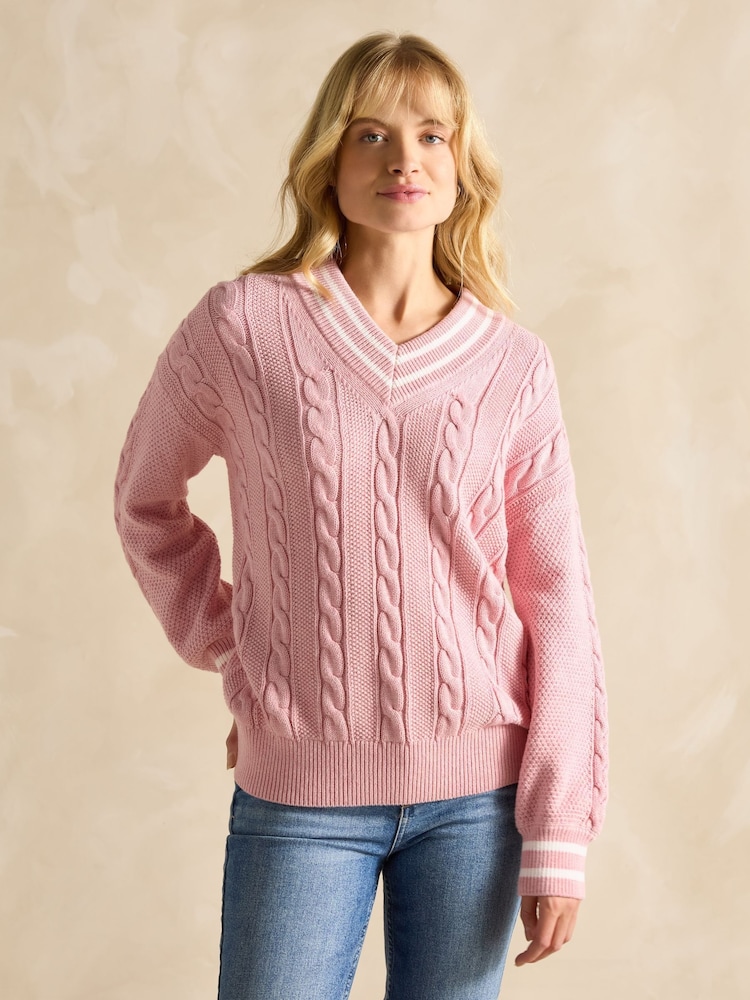 Joules Dibbly Pink Cotton Cable Knit Cricket Jumper - Image 1 of 8