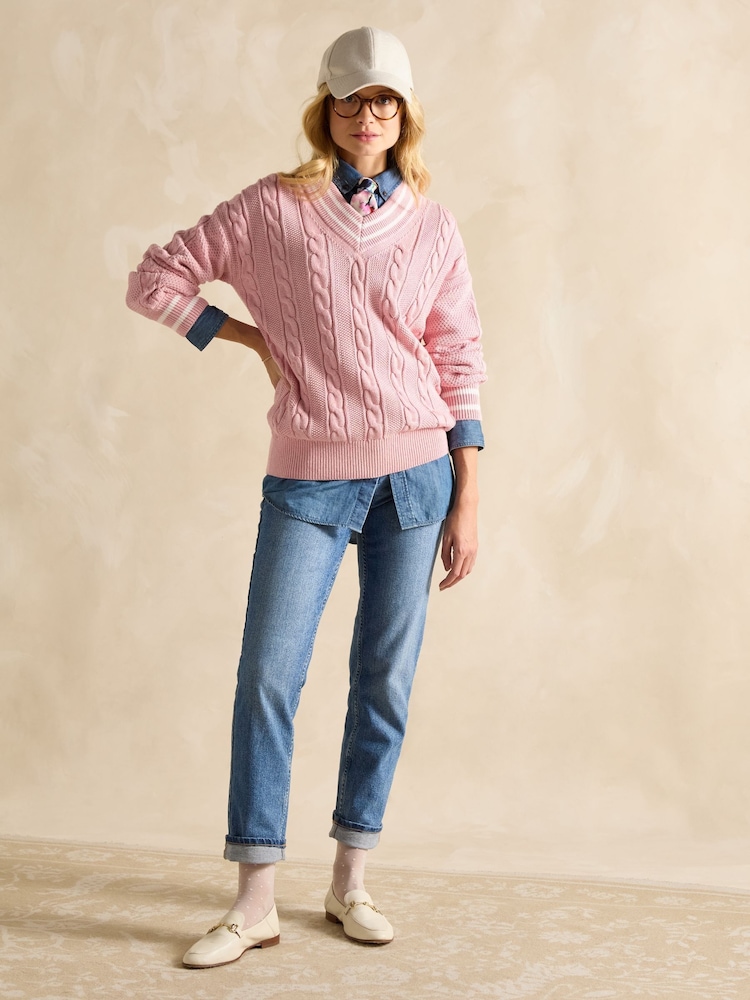 Joules Dibbly Pink Cotton Cable Knit Cricket Jumper - Image 3 of 8