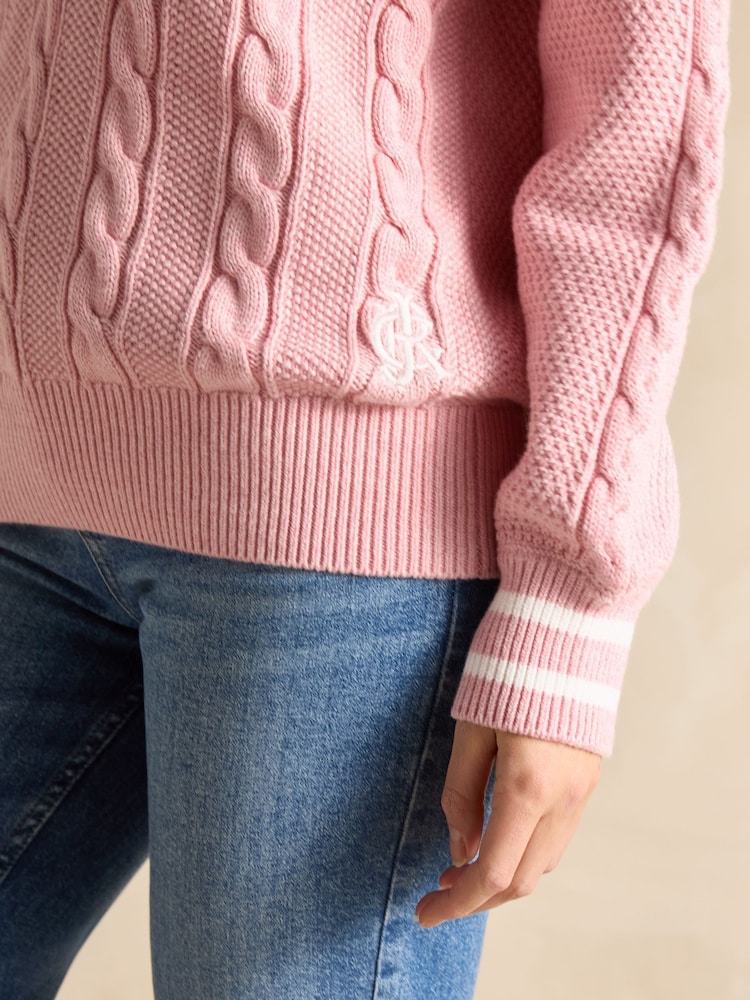 Joules Dibbly Pink Cotton Cable Knit Cricket Jumper - Image 4 of 8