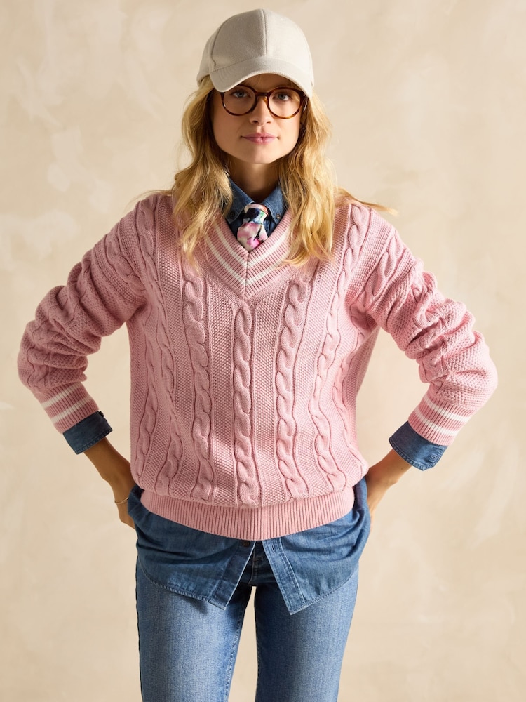 Joules Dibbly Pink Cotton Cable Knit Cricket Jumper - Image 5 of 8