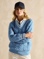 Joules Dibbly Blue Cotton Cable Knit Cricket Jumper - Image 5 of 7