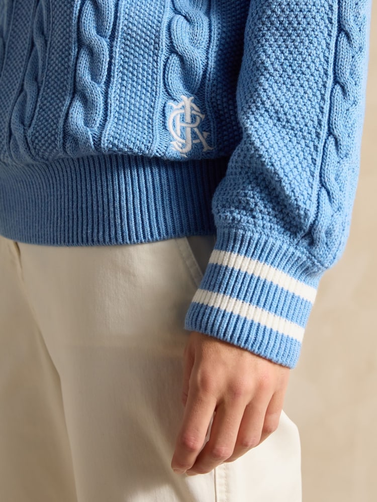 Joules Dibbly Blue Cotton Cable Knit Cricket Jumper - Image 6 of 7