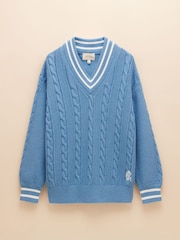 Joules Dibbly Blue Cotton Cable Knit Cricket Jumper - Image 7 of 7