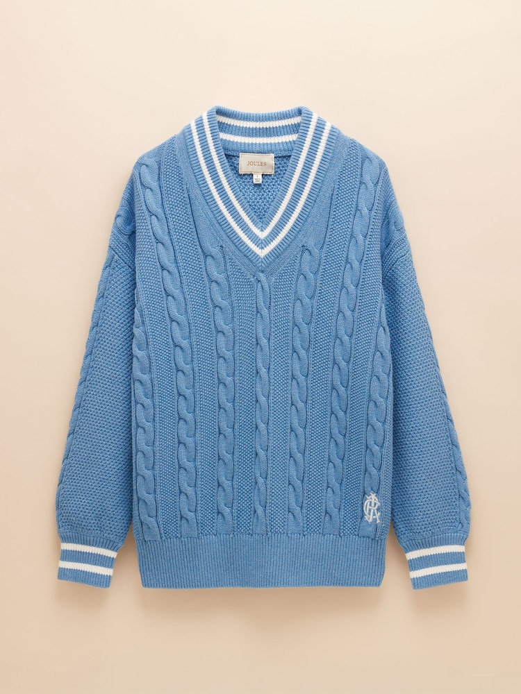 Joules Dibbly Blue Cotton Cable Knit Cricket Jumper - Image 7 of 7