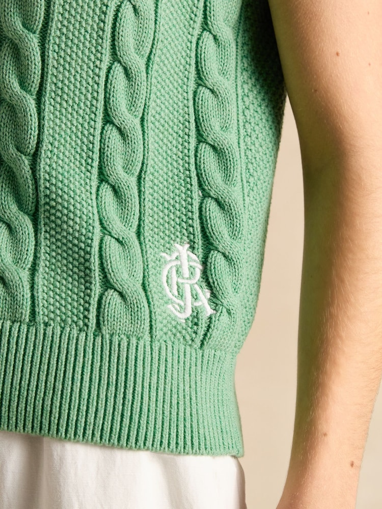 Joules Deuce Green Cable Knitted Cotton Vest - Image 3 of 6